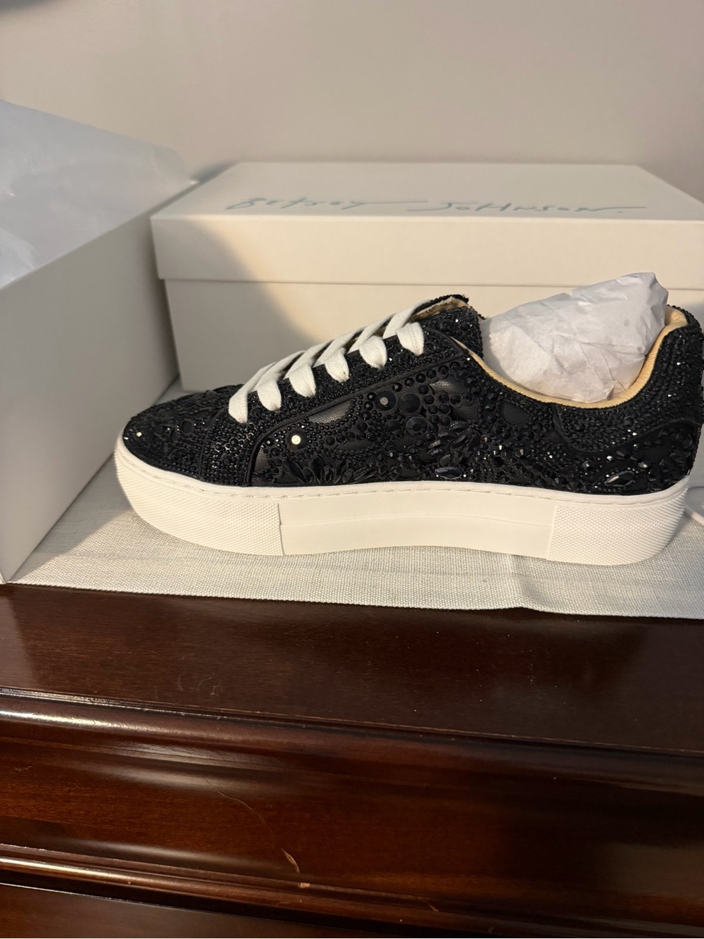 Betsey Johnson Black Beaded Platform Sneaker with White Sole